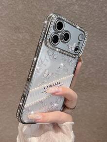 Luxury Electroplated Silver Butterfly Pearl Fully Rhinestone Studded Phone Case Compatible With IPhone 18 Pro Max/18 Pro/18/17 Pro Max/17 Pro/17/16 Pro Max/16/16 Pro/16 Plus/15/15 Pro Max/15 Pro/15 Plus/11/12/13/14 Pro Max/12 Pro/12 Pro Max/13 Pro/13 Pro Max/14 Pro/14 Pro Max/14 Plus/12 Mini/13 Mini Full Coverage Anti-Drop Soft Protective Cover, Ins Style High-End Aesthetic - Silver - View 5
