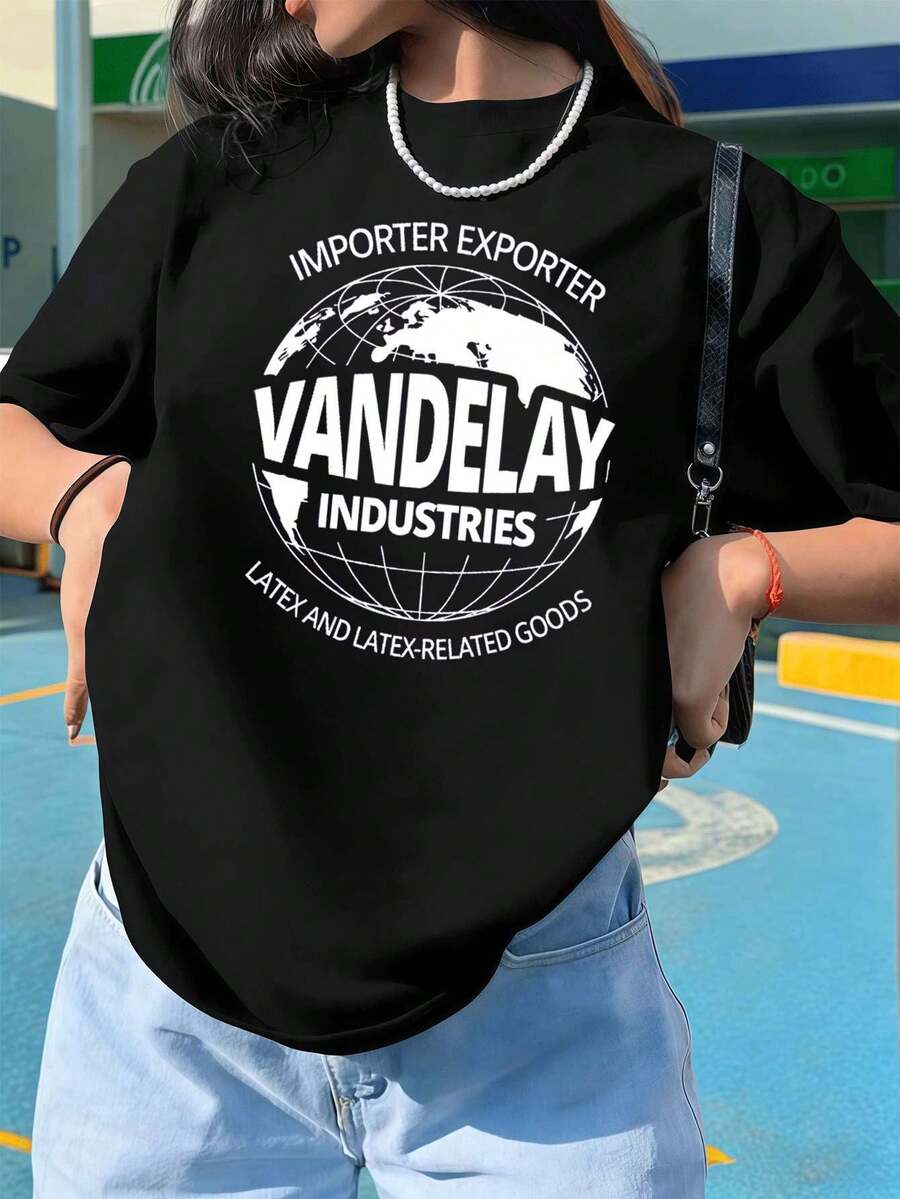 Camiseta de mujer extragrande Vandelay Graphic, 100% algodón, estampado gráfico único, estilo hip-hop urbano, transpirable. - Negro - Ver 1