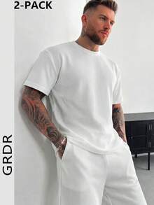 GRDR 夏季复古华夫格套装，男士休闲简约通勤白色圆领短袖抽绳短裤两件套 - 白色 - 查看 1
