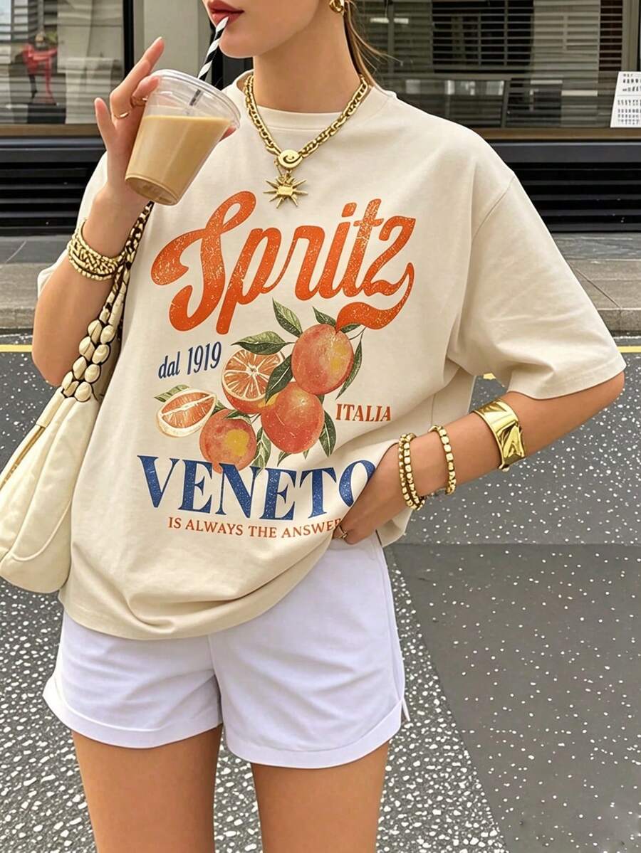 復古 Spritz Veneto 印花 T 恤,復古義大利印花 T 恤,Aperol Spritz 審美休閒短袖,夏季度假風上衣 - 杏色 - 查看 1