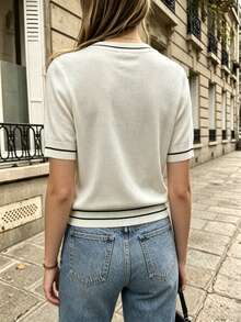 Women's Spring/Summer Series Color Block Patchwork Round Neck Short Sleeve Knit Sweater, Versatile Everyday Top White - White - View 4