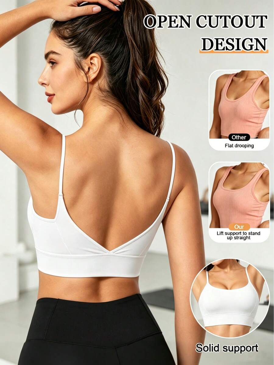 Women's Sports Bra With Criss-Cross Back Design, Fashionable Solid Color Sports Tank Top, Suitable For Yoga, Fitness And Running - White - View 1
