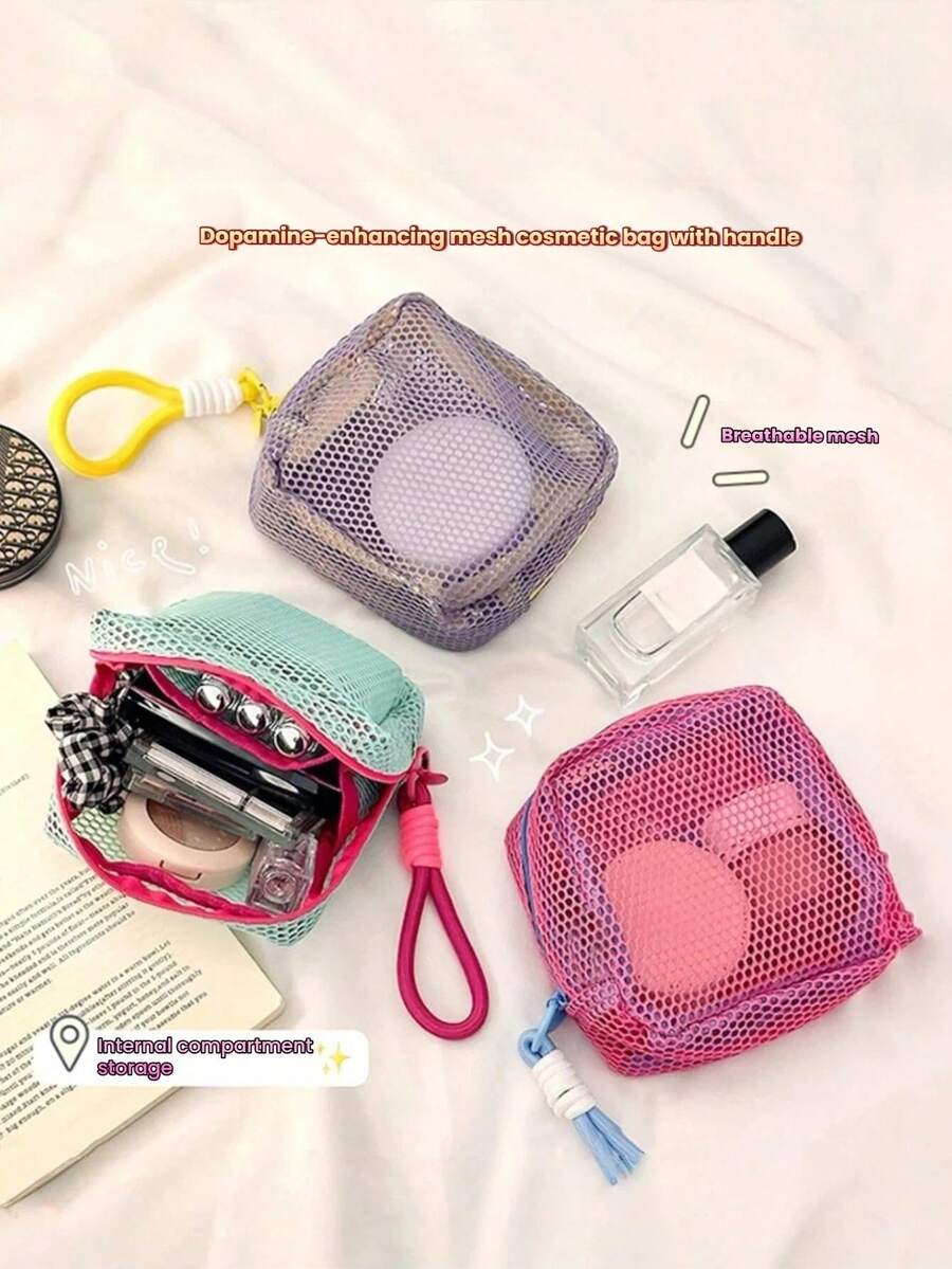 1 pieza Bolsa de almacenamiento de malla transpirable portátil, organizador multifuncional pequeño con cremallera para cosméticos & electrónicos, caja de malla de color contrastante portátil, adecuada para viajes y artículos pequeños diarios (color de cordón aleatorio)
