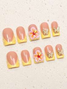 10pcs Handmade Wearable Nails Summer Y2K Manicure Set, Short Square Acrylic False Nails, Yellow French Tip 3D Hibiscus Flower Gold Butterfly Nail Art, Glossy Tropical Style Wearable Nails, Suitable For Beach Vacation Party Handmade Press On Nails - Multicolor - View 4