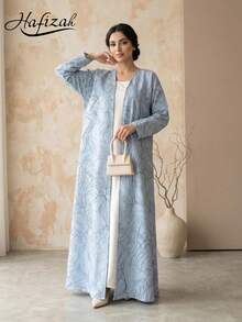 Hafizah Light Blue Base Line Print Loose Long Abaya Jacket, Draping Slimming Artistic Commuter Cardigan, Refreshing Versatile Daily Wear Robe For Women - Blue and White - View 1