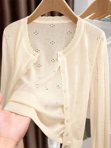 GIGOGOU Plus Size 1XL-4XL Women's Spring/Summer Knit Sun Protection Cardigan, Casual Breathable Long Sleeve - Apricot - View 1