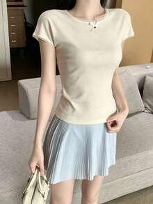 Summer Korean Style Sweet Bow Round Neck Lace Trim Slim Fit Short Sleeve T-Shirt Top For Women Random Patchwork - Apricot - View 2