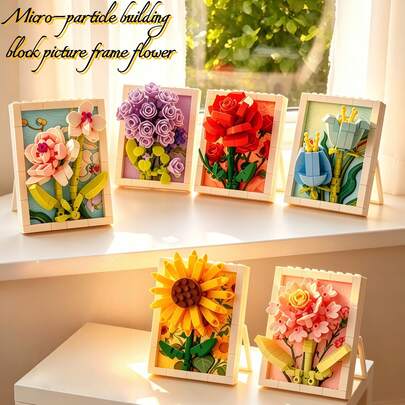 6pcs Micro Particle Building Block Flower Photo Frame Decor, Sunflower Rose Carnation Tulip Phalaenopsis Orchid Eternal Flower Design, With Stand 3D Assembly, ABS Material Delicate Layers Soft Colors, DIY Stress Relief Educational Handmade, Develop Hands-On Ability, Room Display Cabinet Decoration, Valentine's Day Teacher's Day Birthday Back To School Holiday Gift