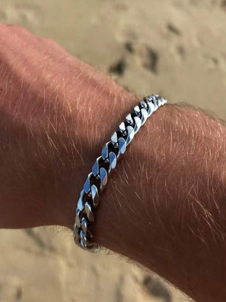 1pc Punk Style Stainless Steel Metal Bracelet Necklace Men's Party Music Festival Valentine's Day Gift Outfit Jewelry Personalized Fashion Bracelet Simple Men's Bracelet - Silver - View 1