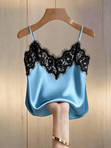 Top camisero ajustado de encaje y satén con parches, top corto casual para verano, vacaciones en la playa y viajes para mujeres - Azul - Ver 1