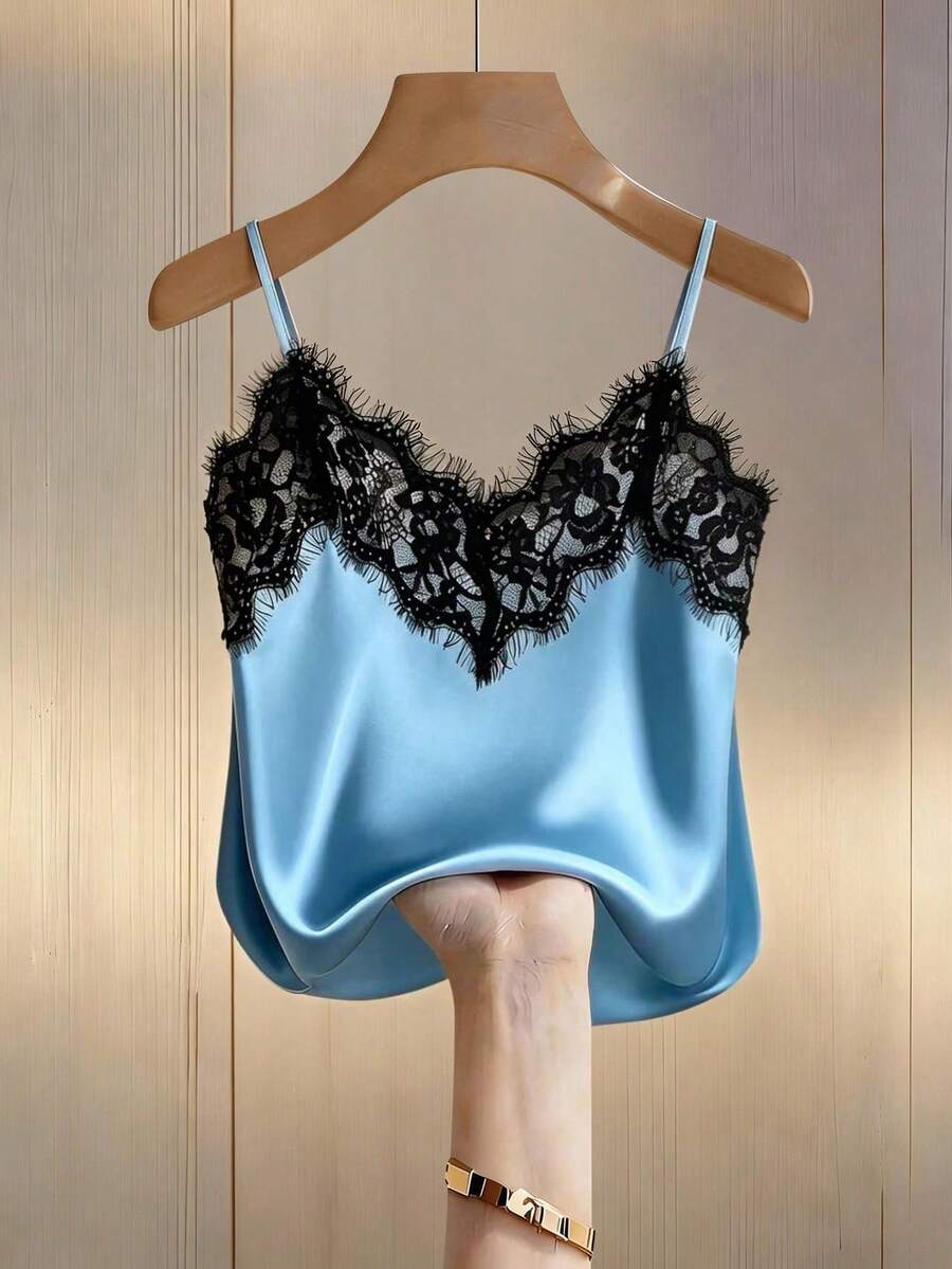 Top camisero ajustado de encaje y satén con parches, top corto casual para verano, vacaciones en la playa y viajes para mujeres - Azul - Ver 1