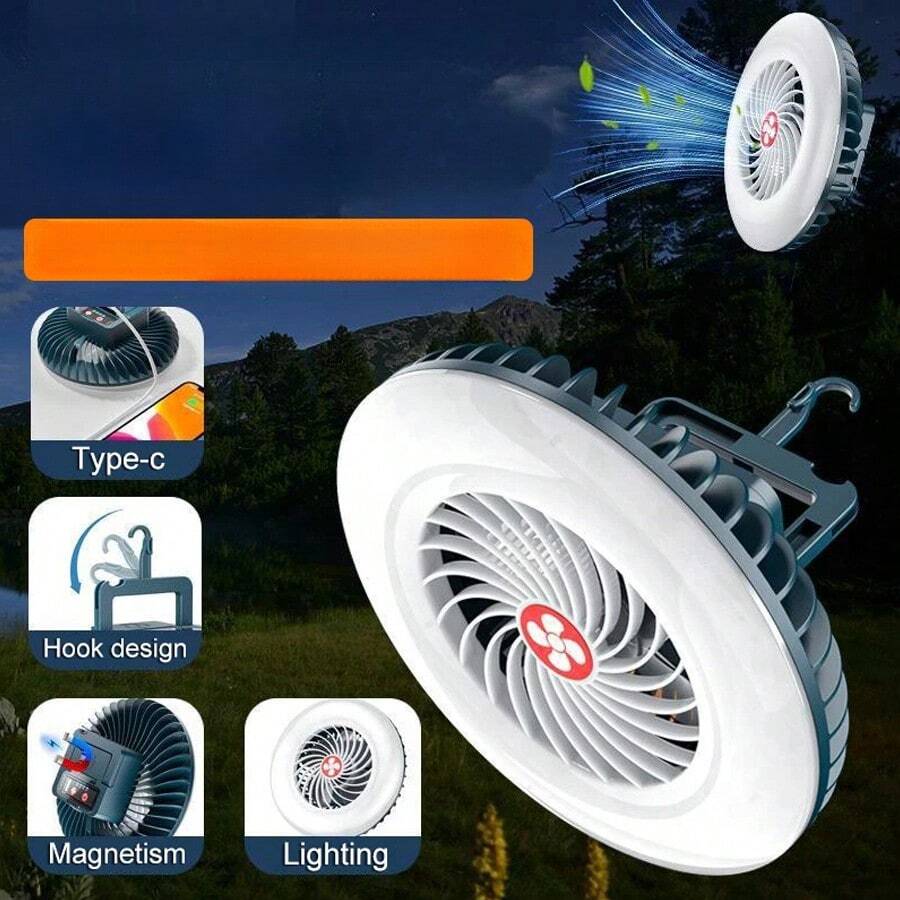 1PC/2PCS Multi-Functional Tent Lamp With Built-In Powerful Light Fan, Type-C Charging, LED Display With Three-Speed Wind And Light Adjustment, Magnetic Hook For Portable Design. - A - View 1