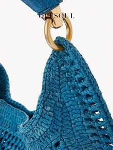 Bolso de mano bohemio para mujer, nuevo estilo, bolsa de paja tejida para vacaciones en la playa, moda vintage casual, bolsa tejida artesanal con diseño de malla hueca - Azul - Ver 3