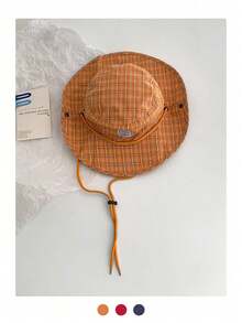 Wide Stiff Brim Vintage Check Pattern Patchwork Contrast Color Drawstring Bucket Hat Unisex Boho Vacay Spring Summer Sun Hat Bright Monochromatic Looks Tie-Up UV Protection Travel Hat - Fabric Label Check Pattern - View 13