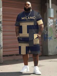 Plus Size Men's Geometric Line Print Short Sleeve T-Shirt + Shorts Set, Casual Sports 2-Piece Set - Multicolor - View 1