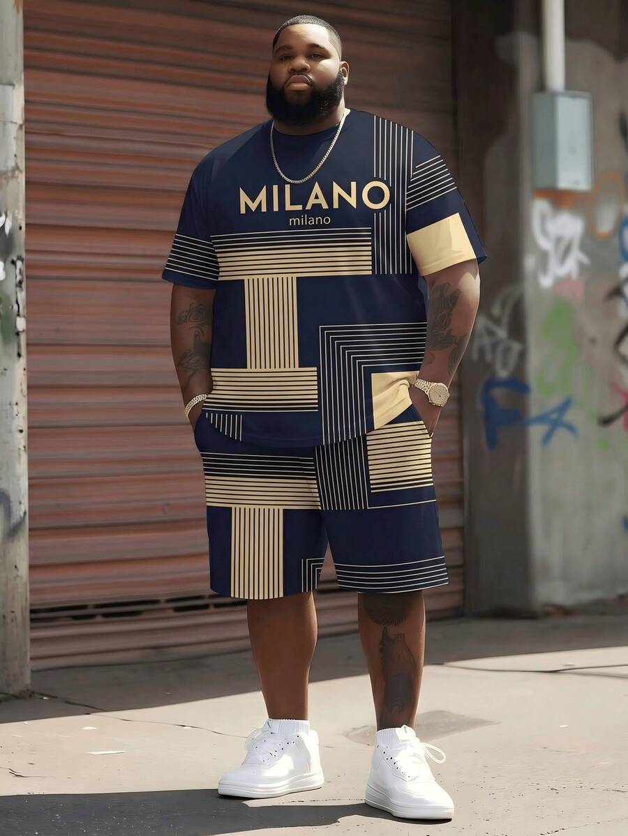 Plus Size Men's Geometric Line Print Short Sleeve T-Shirt + Shorts Set, Casual Sports 2-Piece Set - Multicolor - View 1