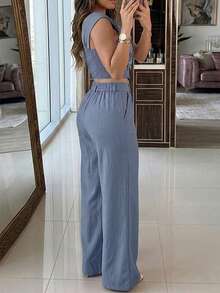ChicMe Women's 2pcs Set Rhinestone 3D Floral Applique One Shoulder Ruched Top With High Waist Wide Leg Pants, Fashionable Daily Wear - Dusty Blue - View 3