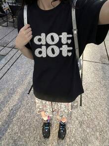 Y2K 波點字母愛心印花女款短袖夏季新款休閒寬鬆T恤 黑色 - 黑色 - 查看 3