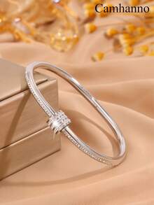 1/5Pcs Gold Plated Stainless Steel Cuff Bangles For Women, Classic Rhinestone Inlaid Stackable Bracelets, Non Tarnish Waterproof Jewelry - Silver - View 9