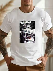 Herren-T-Shirt aus reiner Baumwolle mit kurzen Ärmeln, Anime-Motiv, lässiges Sommer-Streetwear-Shirt mit Augenprint - Weiss - Übersicht 1