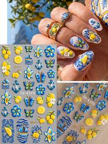 QIANJIKU Mediterranean Style 5D 3D Embossed Nail Art Stickers, Lemon & Blue Porcelain Ocean Theme, Summer Music Festival Salon Nail Artist Supplies - Multicolor - View 4