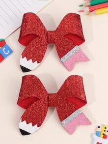 2 pièces Pinces à cheveux nœud crayon pailleté rouge pour la rentrée scolaire pour filles, jolies barrettes, pinces alligator, premier jour d'école, accessoires capillaires décontractés pour tous les jours - Multicolore - Voir 7