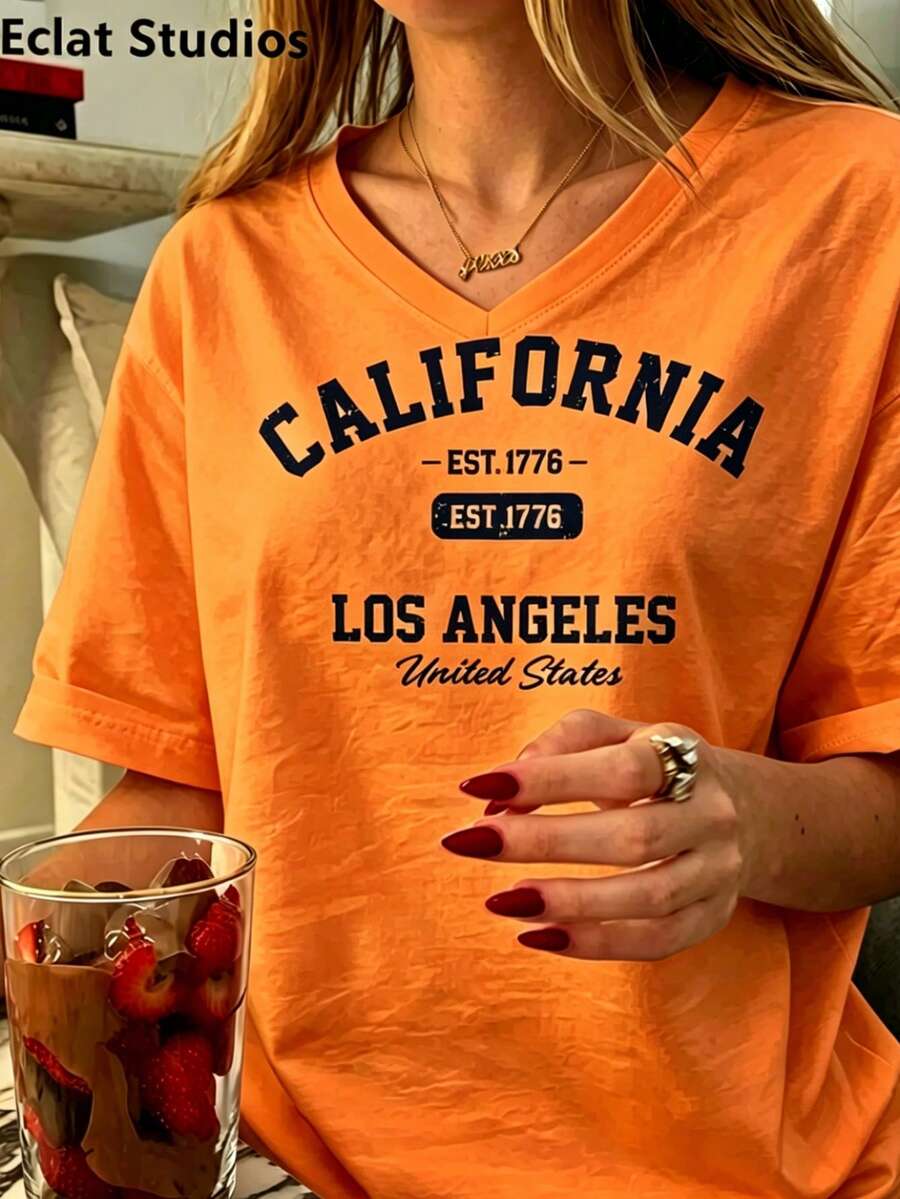 Women's Vintage California Los Angeles Graphic T-Shirt - Casual Round Neck, Short Sleeve, Cotton, Machine Washable, EST 1776 Print2025 - 橘色3 - 查看 1