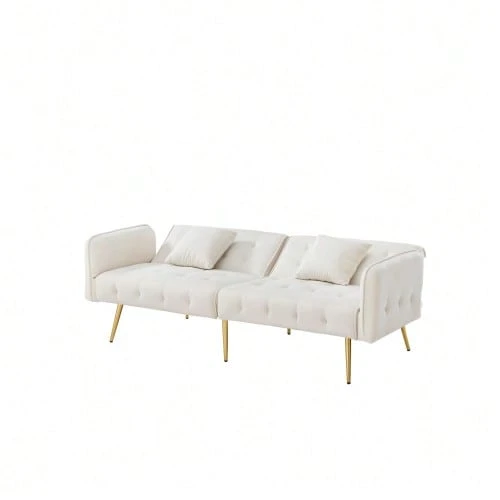 Multifunctional Two-Seater Sofa Bed With Bed Function, Adjustable Backrest, And Multi-Position Armrests. Modern Folding Sofa Bed For Living Room - Velvet Upholstery. Spacious Sleeping Area. - White - View 1