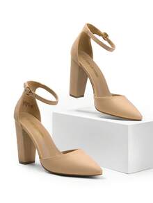 Women Ankle Strap Chunky Heel High Heels Pumps Closed Pointed Toe Fashionable Elegant Wedding Pump Shoes - 杏色 - 查看 2