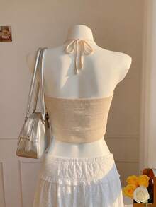 Solid Color Faux Pearl Detail Halter Neck Cutout Beach Knit Top - Apricot - View 7