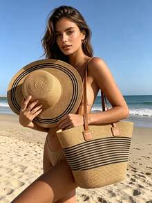 1pc Women's Bohemian Style Wide Brim Straw Hat And 1pc Woven Shoulder Bag Set, Elegant Sun Hat Beach Tote Bag, Suitable For Outdoor Leisure, Travel, Vacation - Hat and Bag Set - View 1