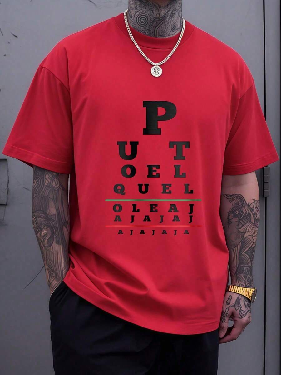 Gráfico en forma de tabla óptica con letras que simulan una prueba de visión transmitiendo humor y un mensaje divertido que causa curiosidad y conversación camiseta de hombre 100% algodón có - Negro - Ver 1
