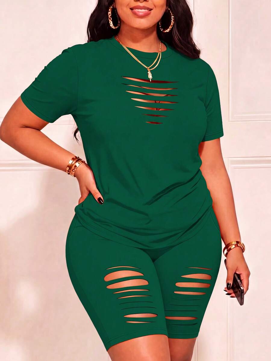 Plus Size Women Sexy Hollow Out T-Shirt & Shorts Set, Spring Summer Autumn Elegant - Dark Green 27 - View 1