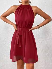 Sleeveless Solid-Color Halter Dress, Fashionable For Summer - 紅色 - 查看 3