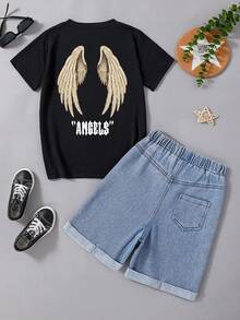 Verano 2026, Conjunto Casual de Verano para Niño: Camiseta de Manga Corta con Estampado de Alas y Letras y Pantalones Cortos de Mezclilla - Negro - Ver 1