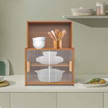 GRANDMEI 45cm Kitchen Storage Cabinet with Sliding Doors, Freestanding Countertop Adjustable Shelves Bamboo Organizer for Dishes, Spices, Cups,22lbs/Shelf (Tawny, Semi-Clear) - Braun, Halbtransparent - Übersicht 4