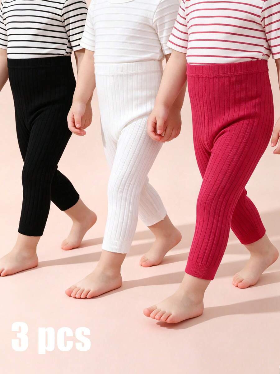 3雙女嬰垂直條紋四季款9/10長度褲襪，適合學生搭配校服