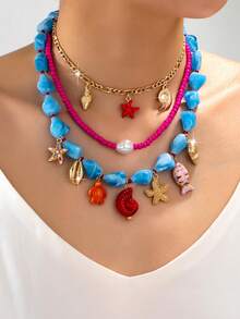 1 pieza Collar con colgante de estrella de mar, perla y concha de estilo vacacional oceánico con cadena de cuentas acrílicas y metal, adecuado para el uso diario de verano en la playa para mujeres - Multicolor - Ver 1