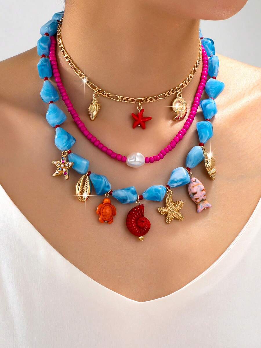 1 pieza Collar con colgante de estrella de mar, perla y concha de estilo vacacional oceánico con cadena de cuentas acrílicas y metal, adecuado para el uso diario de verano en la playa para mujeres - Multicolor - Ver 1