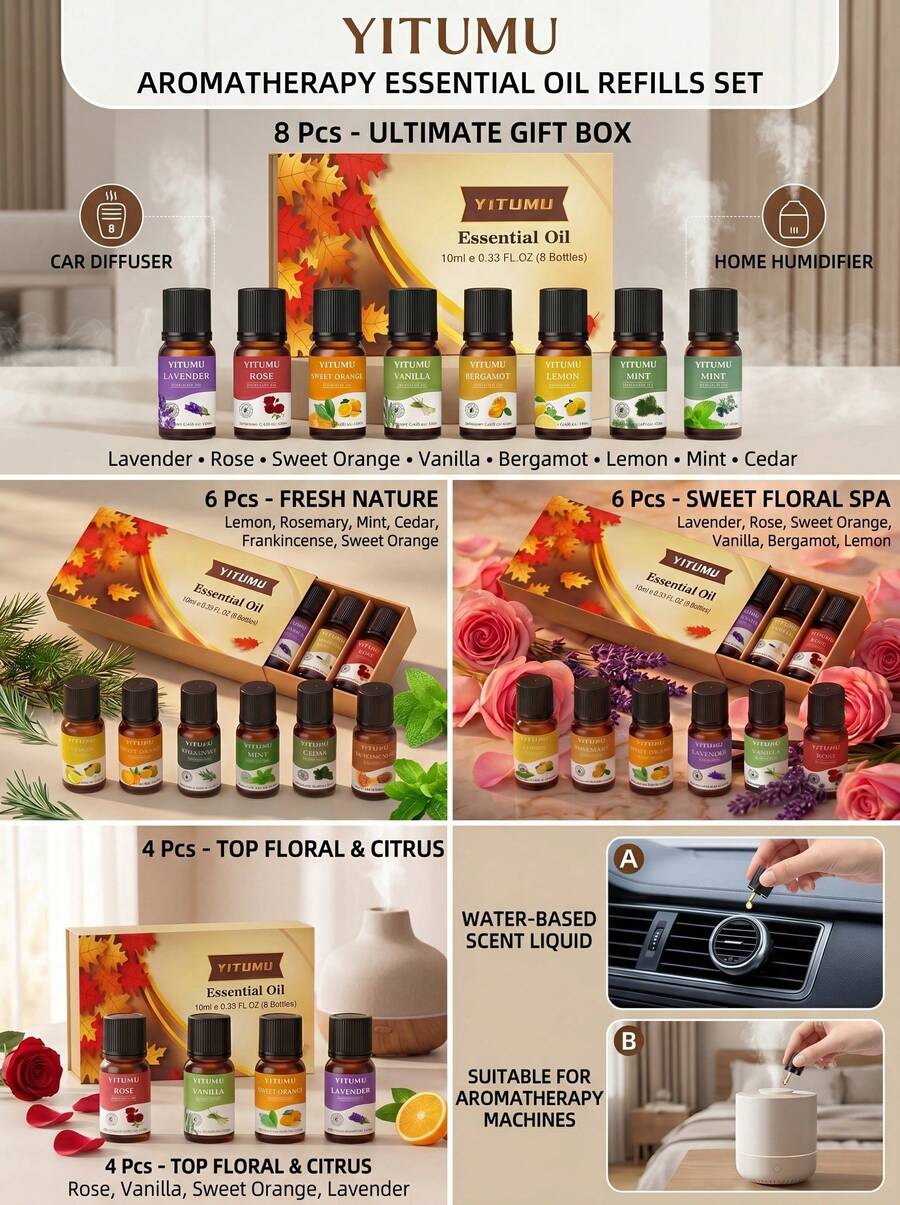 YITUMU 4/6/8入精油套組，適用於車用擴香器與加濕器，水溶性芳香療法香氛禮盒，持久放鬆車內與居家臥室空氣清新劑
