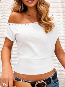 Women's Summer Solid Color Ribbed Fabric Asymmetric Neck Short Sleeve Knit T-Shirt, Rivet Decorated Top, Women's Vacation Outfit White - White - View 3