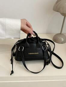 Fashion Solid Color PU Drawstring Mini Handbag With Metallic Color, Crossbody Small Shell Women's Bag - Black - View 12