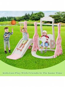 Toddler Slide And Swing Set 4 In 1 Baby Slide Climber Playse With Swing Slide Climber And Basketball Kids Slide And Swing Set Indoor Outdoor Backyard Baby Playground Toy For Toddlers (Blue) - 粉色 - 查看 6