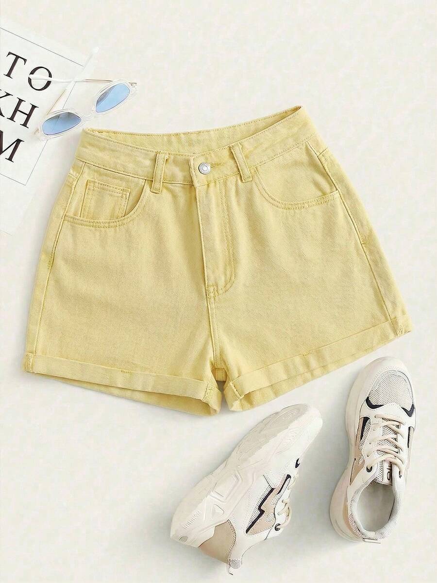 Summer Rolled-Up High-Waisted Denim Shorts - Yellow - View 1