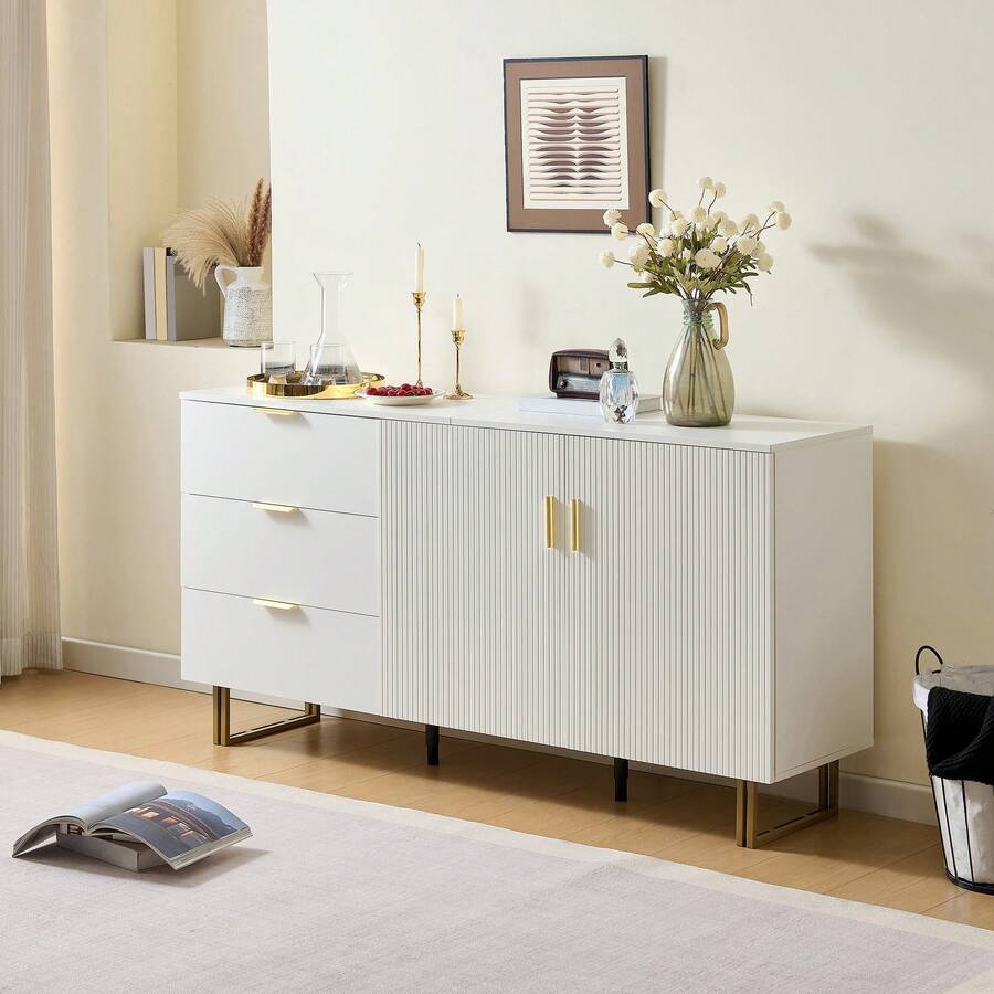 Modern Sideboard With 2 Doors And 3 Drawers – Elegant MDF Furniture Piece In Gold Color Alloy - 白色 - 查看 1