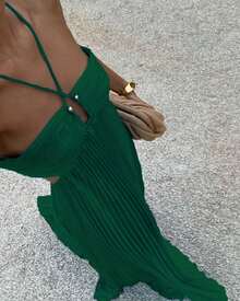 Women's Pleated Halter Neck Maxi Dress, Crisscross Straps Cutout Waist Evening Gown - 墨綠色 - 查看 2
