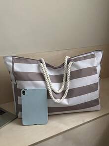 Large Waterproof Beach Tote Bag With Zipper And Sand-Proof Design, Suitable For Swimming Pool, Random Pattern, School Backpack, Portable, Large Capacity, Suitable For Teenage Girls, Women, College Students, University, Middle School, High School, Outdoor, Travel, Outing, Work, Business, Commute, Holiday, Shopping - Light Khaki - View 9