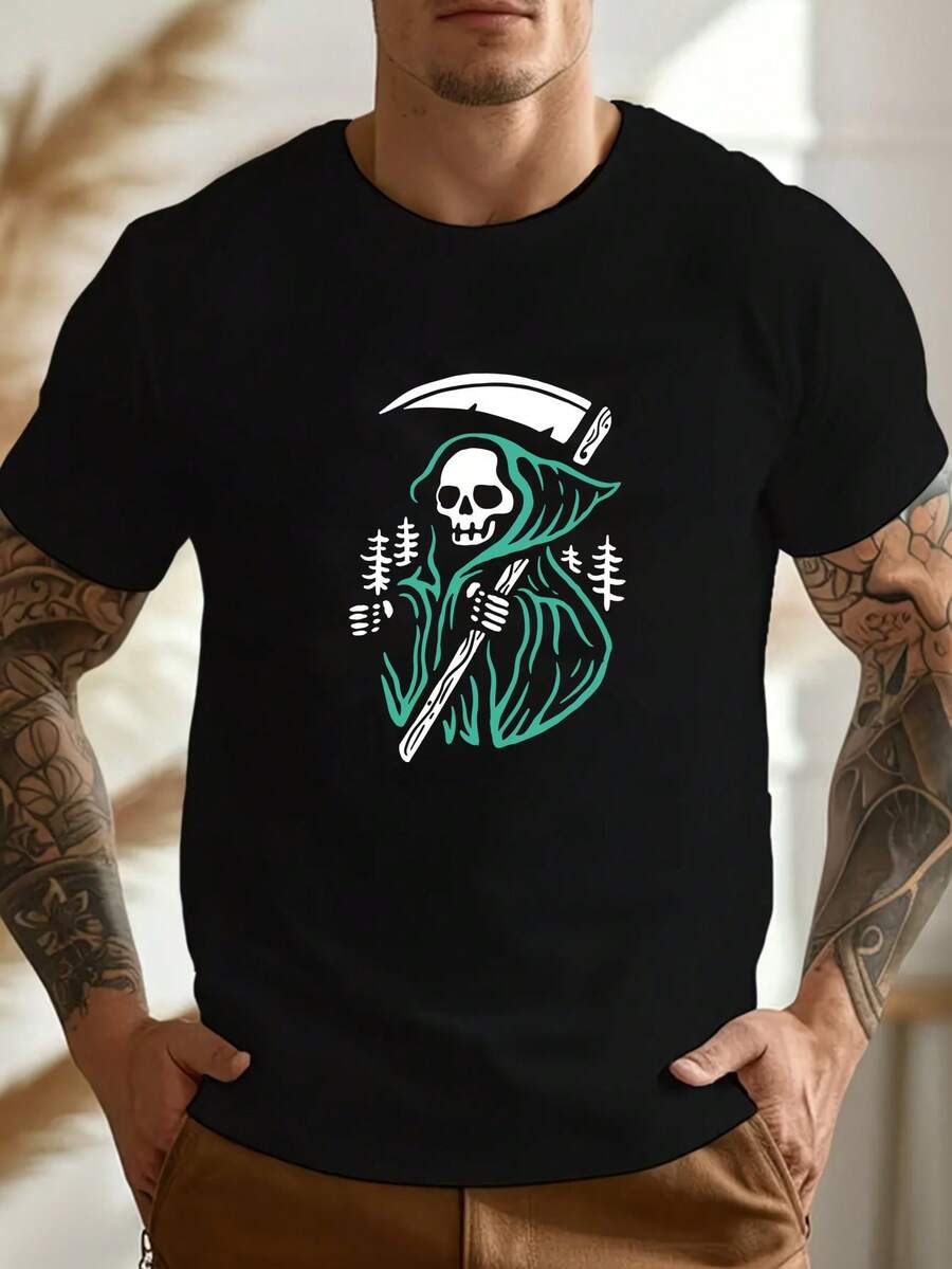 T-shirt à manches courtes col rond en pur coton pour hommes, imprimé graphique de la faucheuse, top décontracté quotidien d'été - Noir - Voir 1