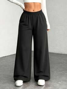 New Women's Plus Size Sports Long Pants With Side Pockets, Solid Color Loose Comfortable Casual Straight Leg Pants, Elastic High Waist Draped Wide Leg Pants, Suitable For Daily Wear, Workout, Home And Multiple Occasions - Black - View 7