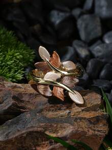 1pc Women's Fashion Bohemian Style Enamel Green & Khaki Leaf Ring, Gold Elastic Design, Suitable For Daily, Party, Ball, Vacation, Music Festival Jewelry Accessory Gift - Leaf - View 15
